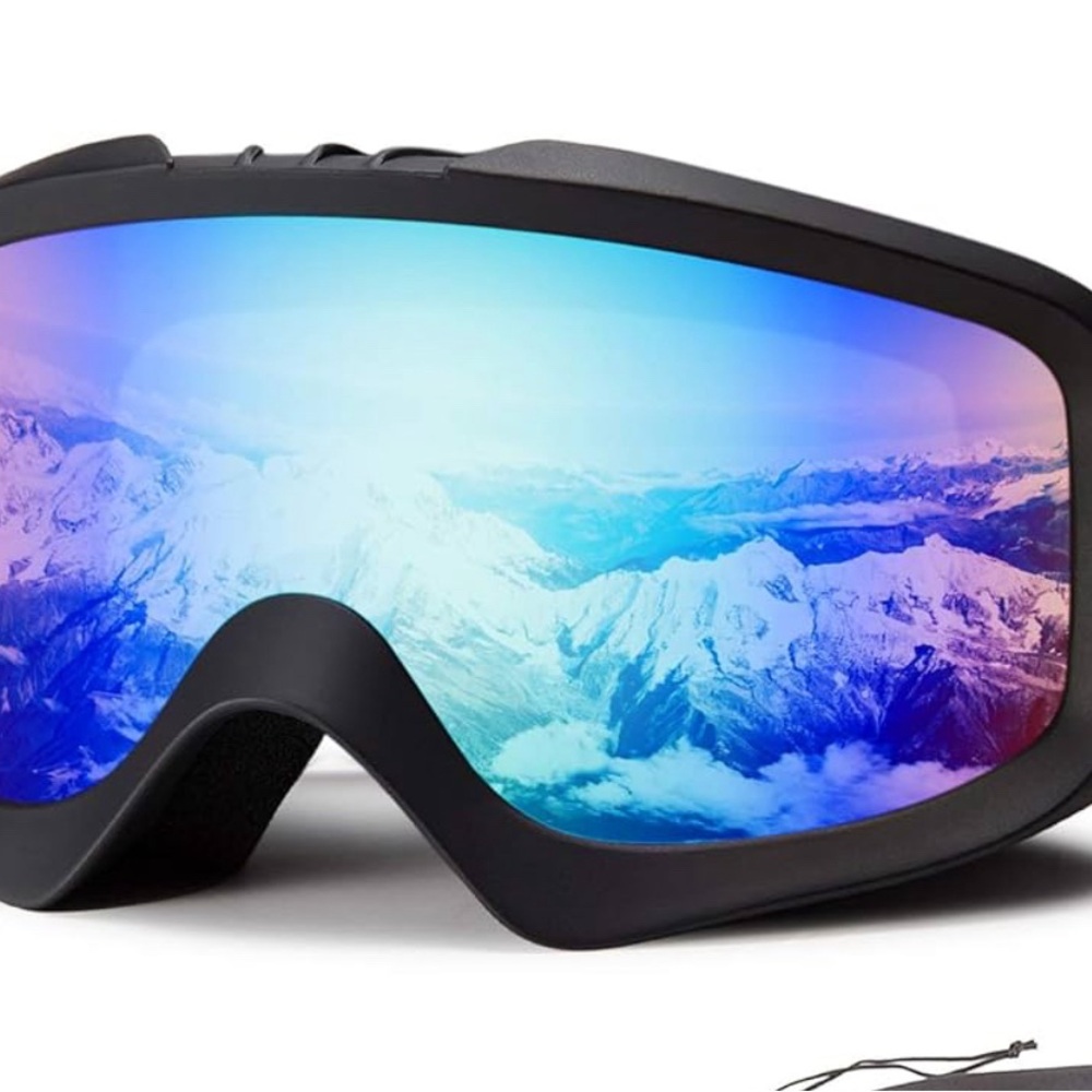 Black and Blue Ski Goggles with Mirrored Lens and Ventilation